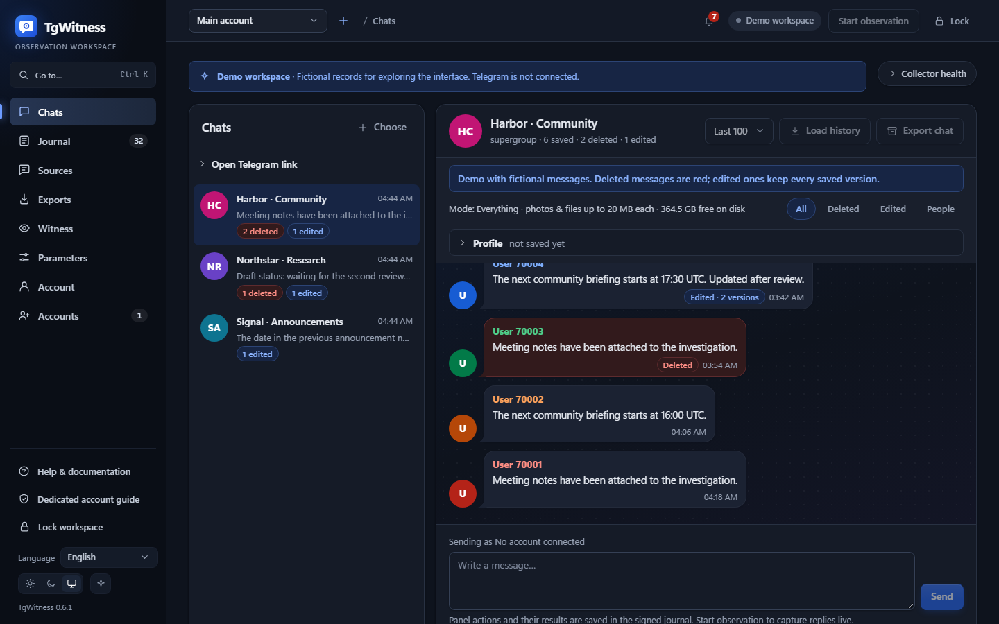 Saved Telegram conversations in the dark theme, with captured edits and deleted messages kept in context