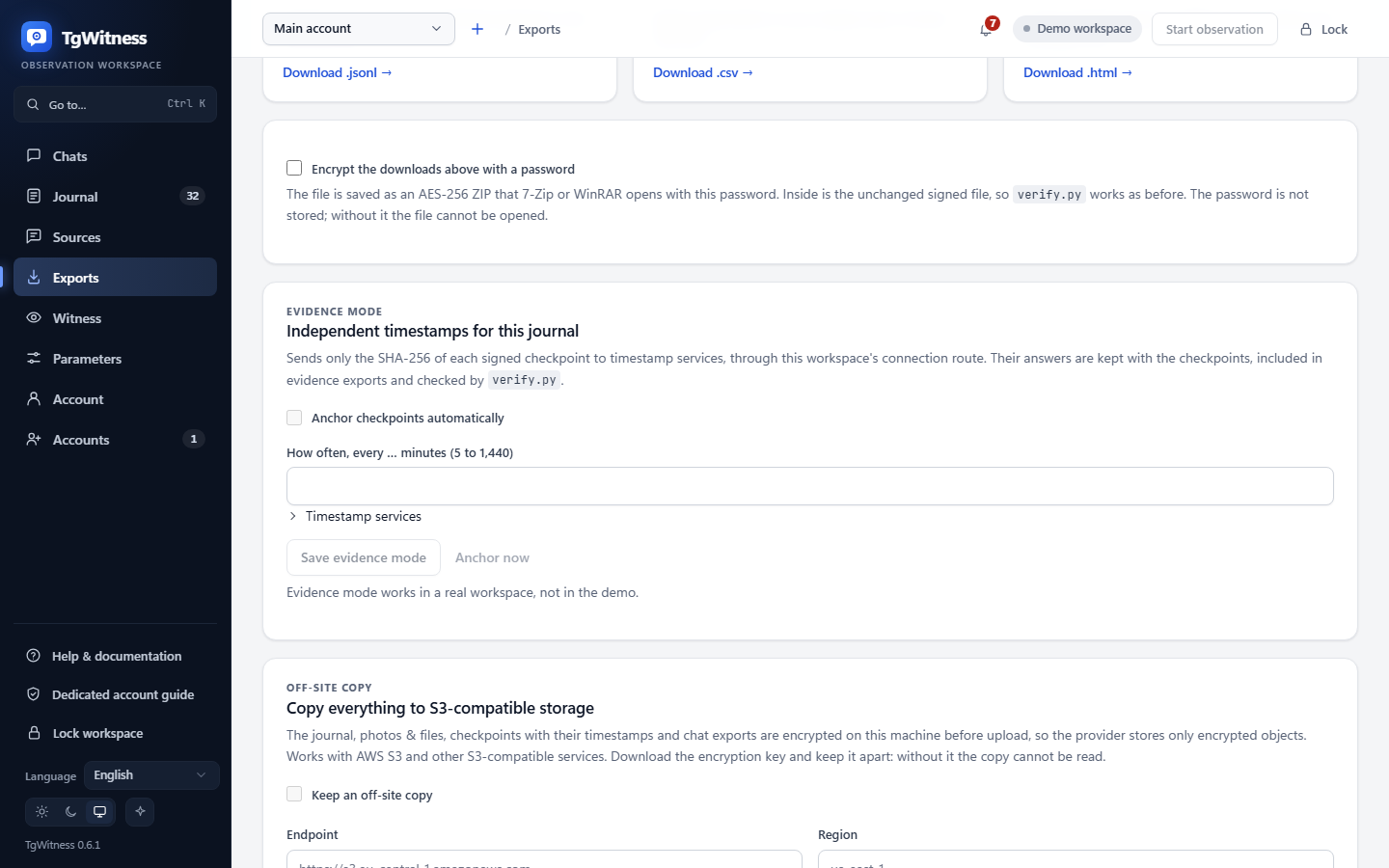 Export workspace offering a signed ZIP, JSONL, CSV and an offline HTML report