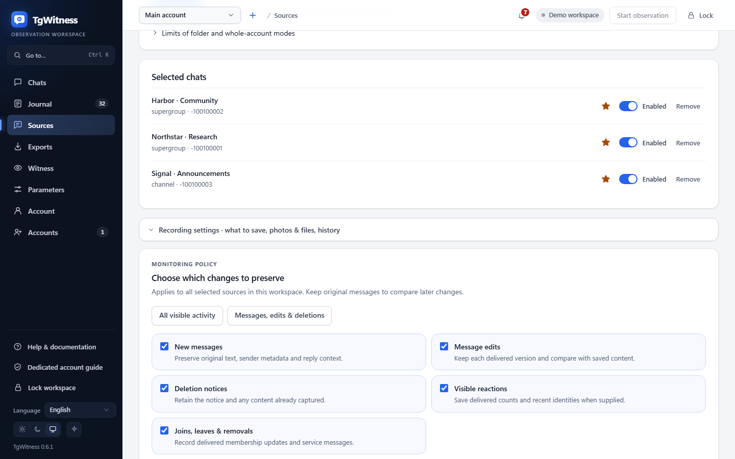 Per-account monitoring settings with synthetic source data