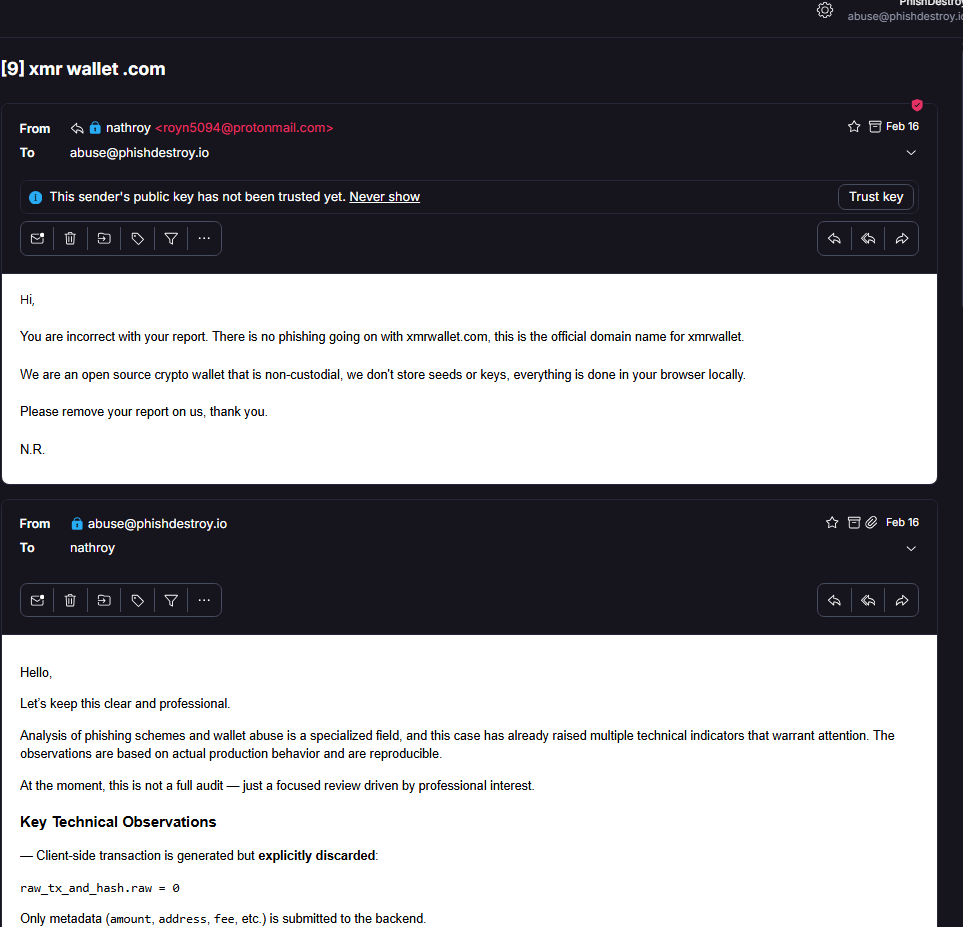 Operator email Feb 16 2026 — no phishing claim, no hack