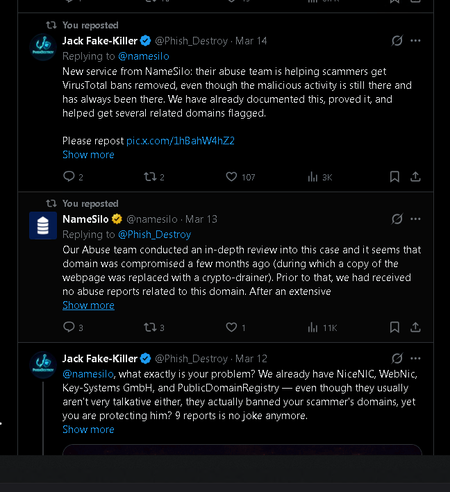 NameSilo official corporate tweet March 13 2026 — defending xmrwallet operator, denying abuse reports, committing to VirusTotal delisting