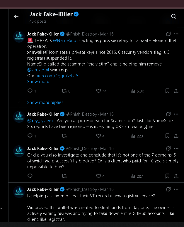 Tweet: NameSilo acting as press secretary for Monero theft operation