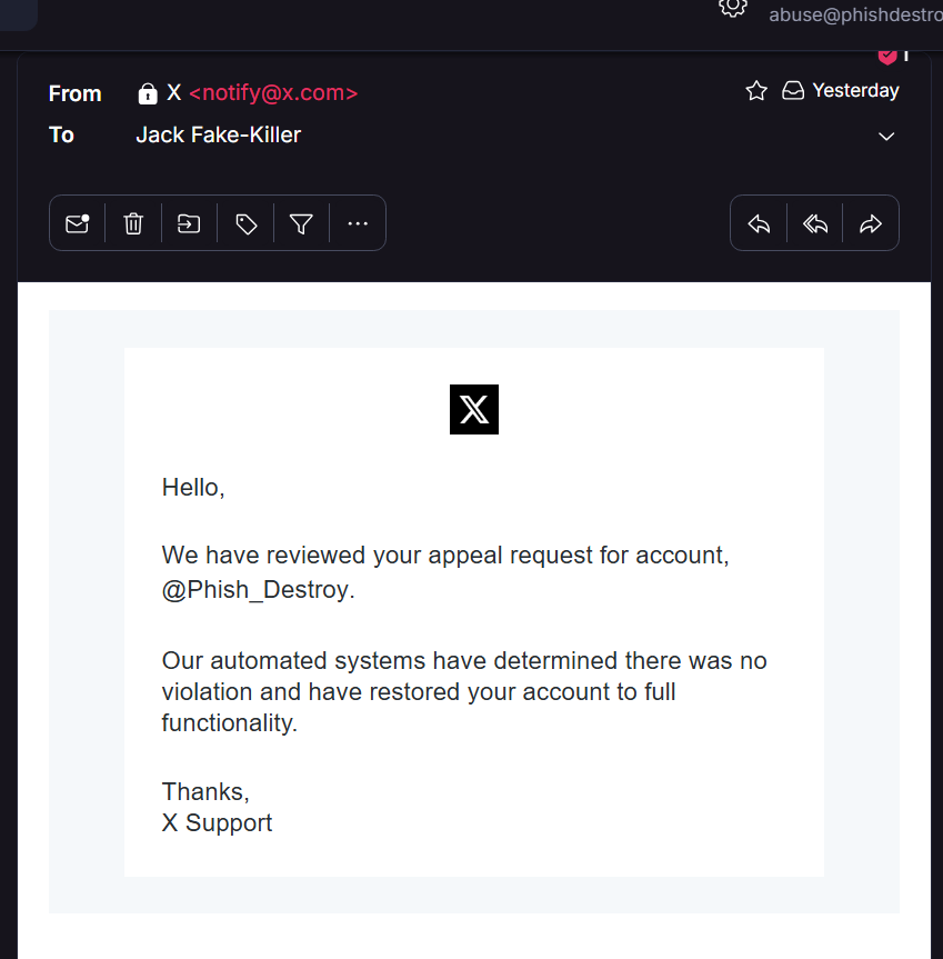 X Support email Apr 15 2026 — no violation, restored